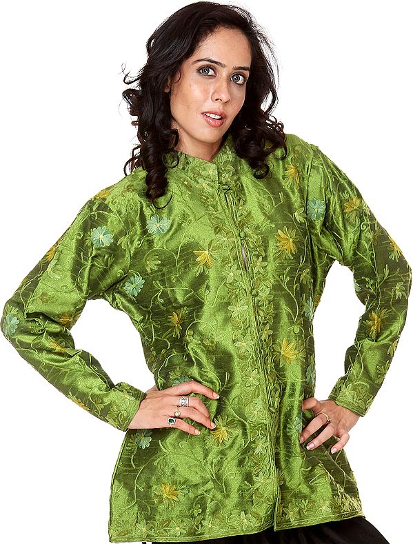 Oguana-Green Jacket from Kashmir with Aari Embroidered Flowers All-Over