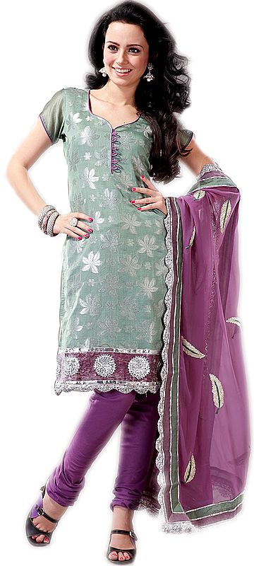 Oil-Green and Violet Choodidaar Kameez Suit with Floral Weave and Gota Work