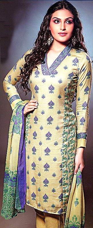 Oil-Yellow Salwar Kameez Suit with Printed Flowers All-Over