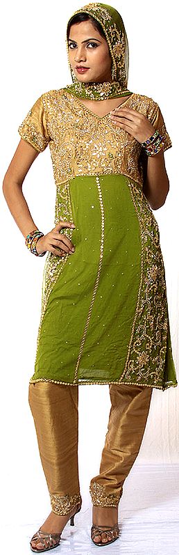 Old-Gold and Green Anarkali Suit with Beaded Flowers and Sequins