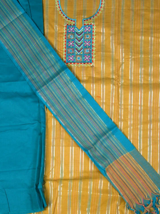 Old-Gold and Teal South-Cotton Suit with Embroidery on Neck