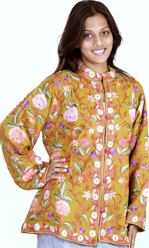 Old-Gold Jacket from Kashmiri with Floral Aari Embroidery