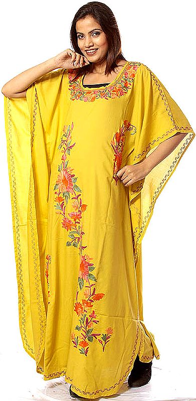 Old-Gold Kaftan from Kashmir with Floral Embroidery