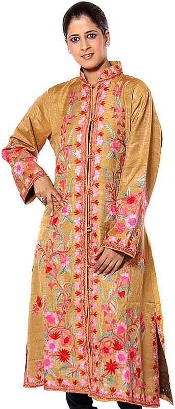 Old-Gold Long Silk Jacket with Phulkari Embroidery