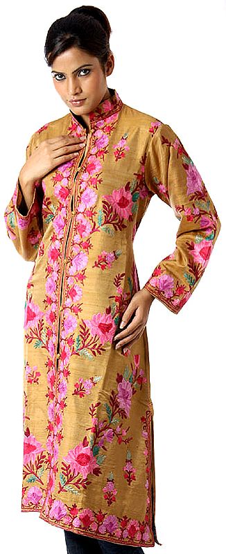 Old-Gold Long Silk Jacket with Pink Flowers