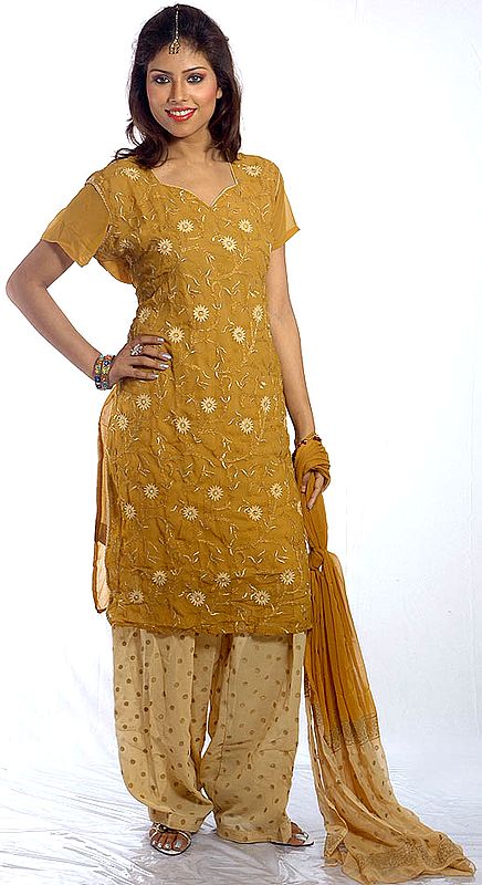Old-Gold Salwar Kameez Suit with Aari-Embroidered Flowers All-Over