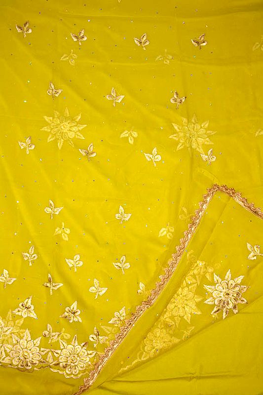 Old-Gold Salwar Suit Fabric with Large Embroidered Flowers