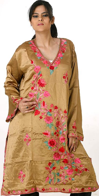 Old-Gold Silk Kurti Top from Kashmir with All-Over Floral Embroidery