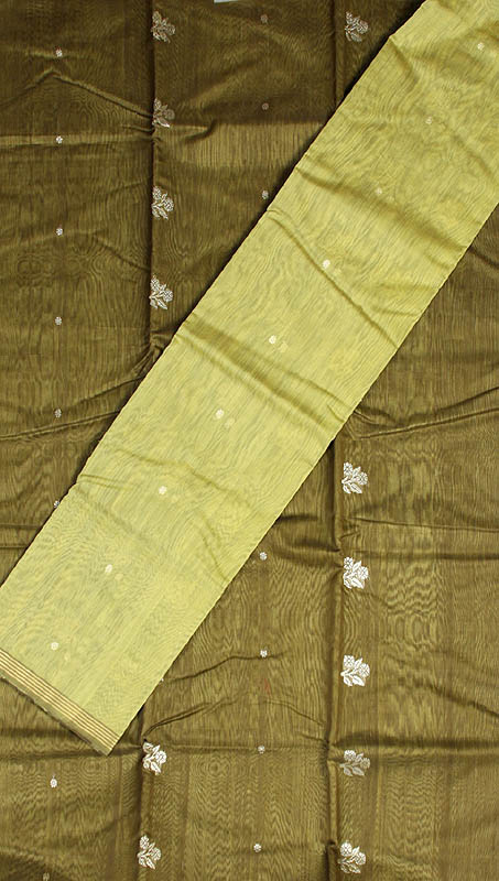 Olive and Pear Green Chanderi Suit with Golden Bootis