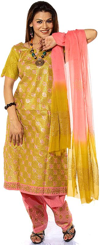 Olive and Pink Embroidered Salwar Kameez with Golden Paint
