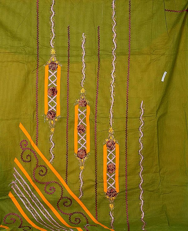 Olive Green and Amber Suit with Beads and Threadwork