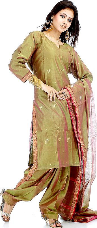 Olive Green Chanderi Suit with Golden Bootis