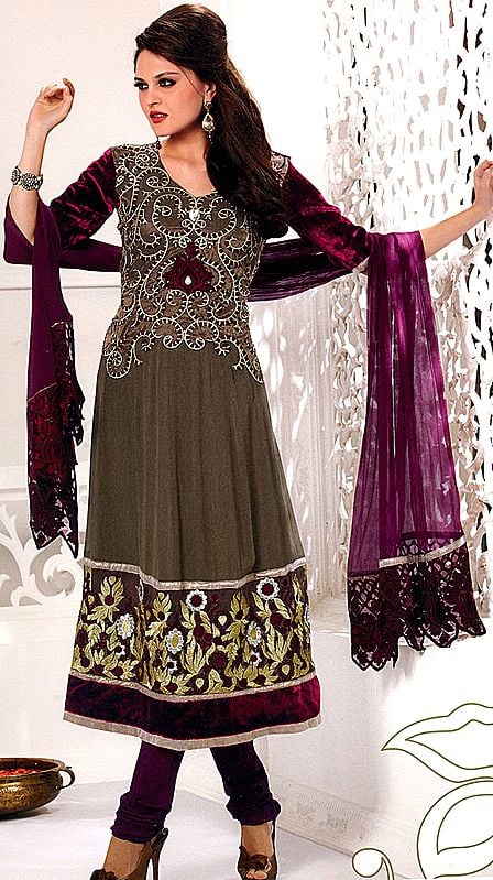 Olive Green Designer Choodidaar Kameez Suit with Velvet Applique and Floral Patch Border