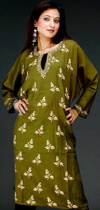 Olive Green Kashmiri Phiran with Aari Embroidery