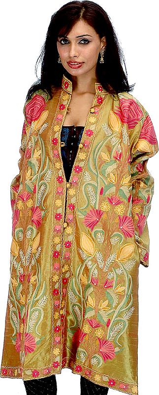Olive Green Long Silk Jacket with Vegetative Embroidered Motifs
