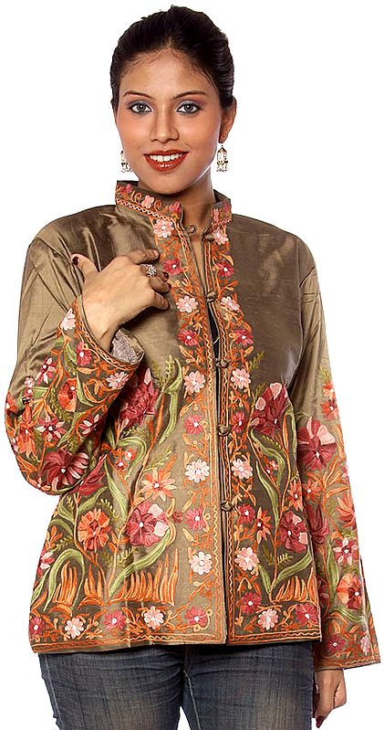 Olive Kashmiri Jacket with Floral Embroidery