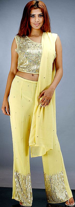 Olive Yellow Parallel Salwar Suit with a Heavily Beaded Choli