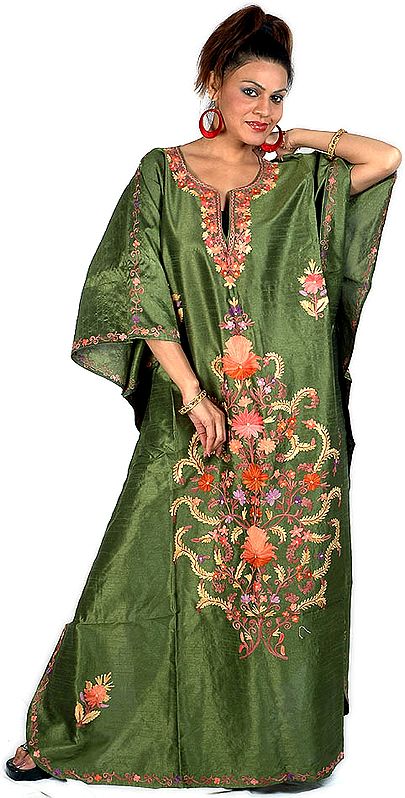 Olive-Drab Green Kaftan from Kashmir with Crewel-Embroidered Flowers