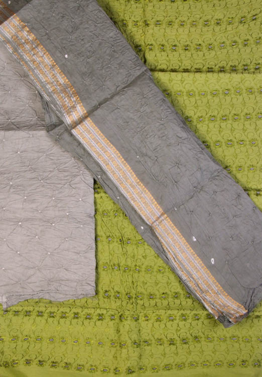 Olive-Green and Gray Chikan Salwar Suit Fabric with Cut-Work