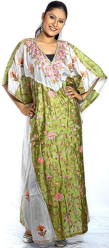 Olive-Green and Ivory V-Neck Kaftan with Crewel Embroidery All-Over
