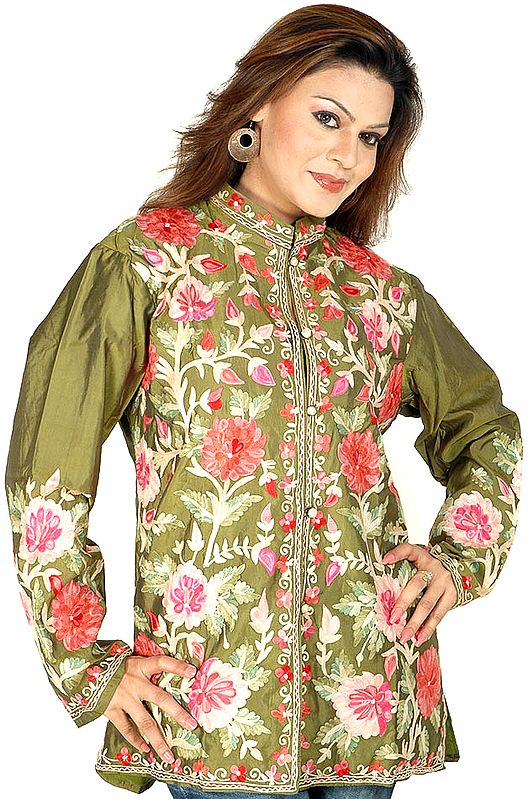 Olive-Green Aari Jacket with Large Flowers