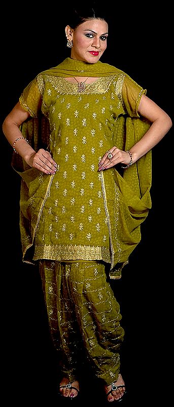 Olive-Green Choodidaar Suit with All-Over Embroidery
