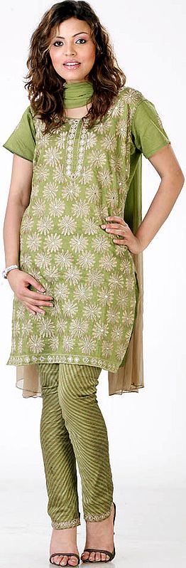 Olive-Green Choodidaar Suit with Floral Embroidery All-Over