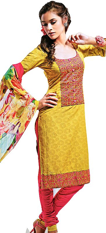 Olive-Green Choodidaar Suit with Thread Embroidery on Neck and Printed Dupatta