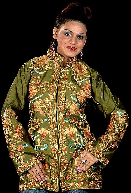 Olive-Green Jacket with Flowers Embroidered All-Over