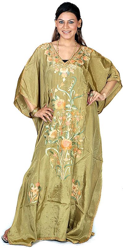 Olive-Green Kaftan from Kashmir with Aari Embroidery