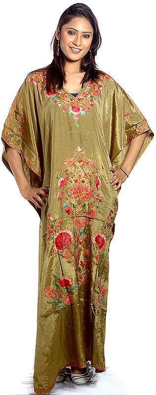 Olive-Green Kaftan from Kashmir with Aari-Embroidered Flowers