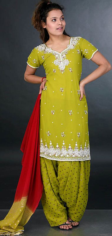 Olive-Green Patiala Salwar Kameez with Beads and Embroidery