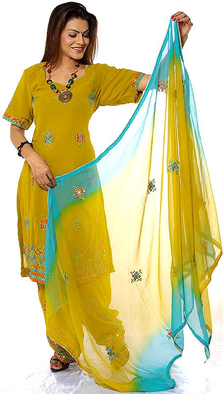 Olive-Green Salwar Kameez Suit with Crewel Embroidered Flowers All-Over