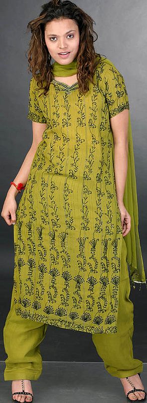 Olive-Green Salwar Kameez with All-Over Aari Embroidery and Sequins