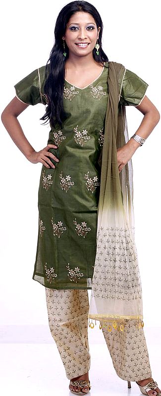 Olive-Green Salwar Kameez with Floral Embroidery