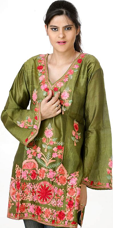 Olive-Green Silk Kurti Top from Kashmir with All-Over Floral Embroidery