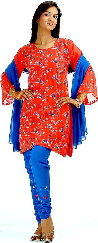 Orange and Blue Choodidaar Suit with Sequins and Embroidery
