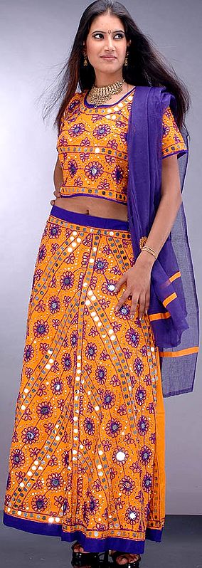 Orange and Blue Lehenga Choli from Gujarat with Mirrors and Embroidery