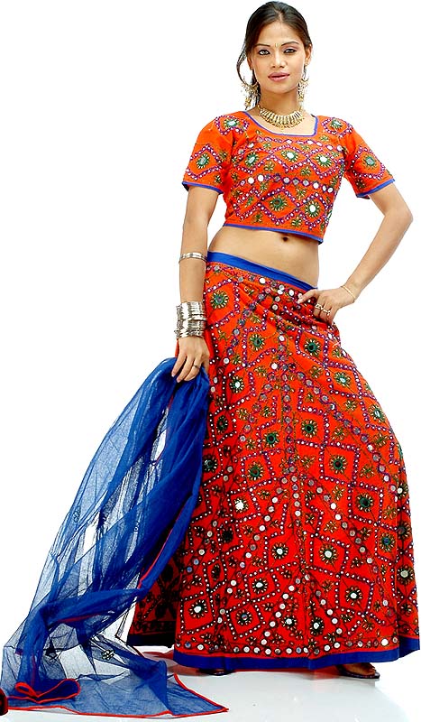 Orange and Blue Lehenga Choli from Gujarat with Mirrors and Sequins