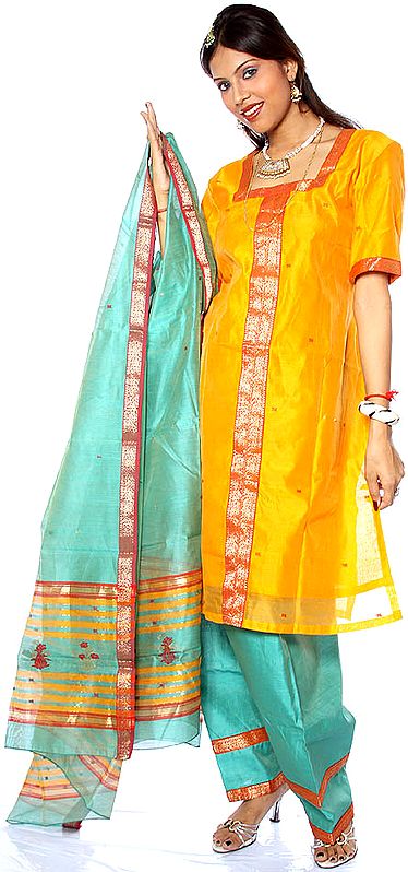 Orange and Green Chanderi Suit with All-Over Bootis