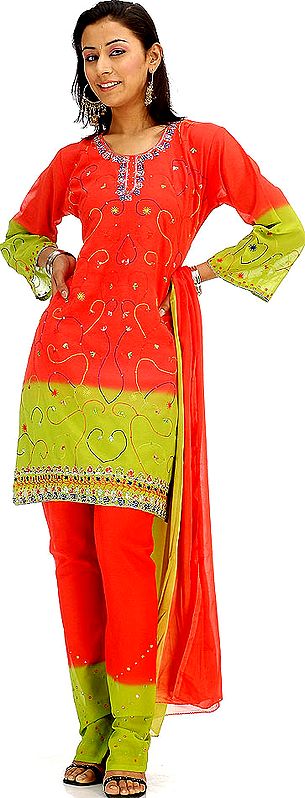 Orange and Green Choodidaar Suit with All-Over Embroidery and Sequins