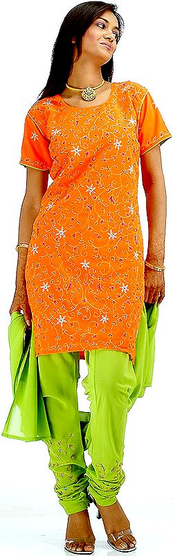 Orange and Green Choodidaar Suit with All-Over Jaal Embroidery