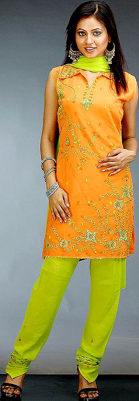 Orange and Green Choodidaar Suit with Sequins and Threadwork