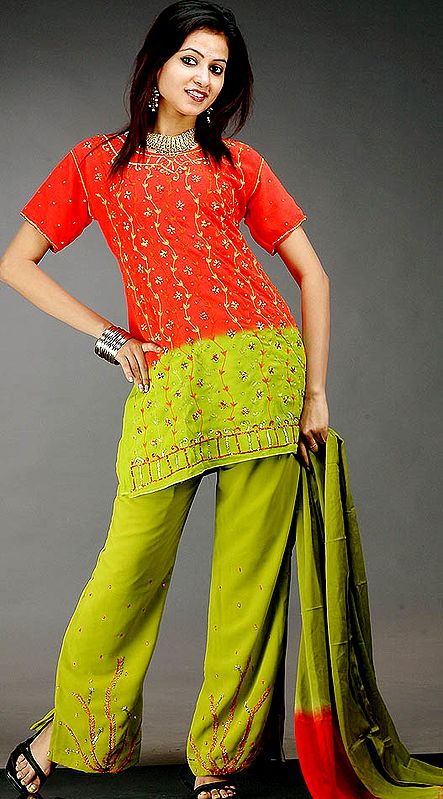 Orange and Green Parallel Suit with All-Over Embroidery and Sequins