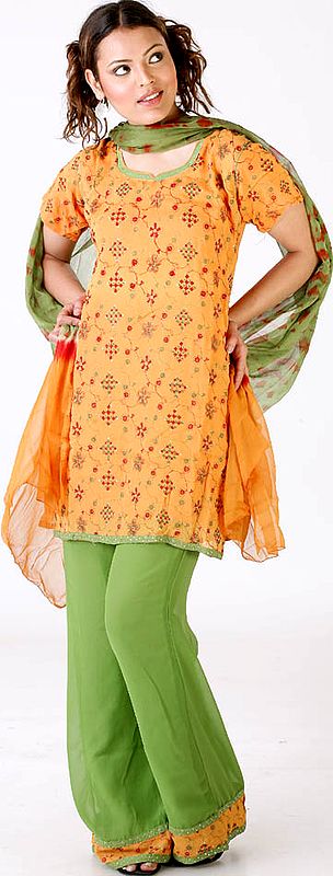 Orange and Green Parallel Suit with All-Over Threadwork