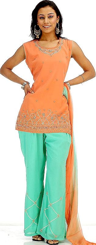 Orange and Green Parallel Suit with Sequins and Threadwork