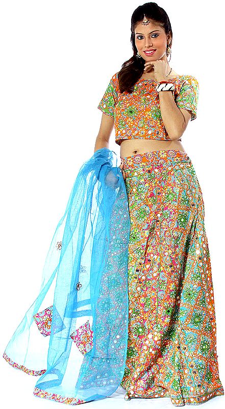 Orange and Green Printed Chaniya Choli from Rajasthan with Mirrors and Embroidery