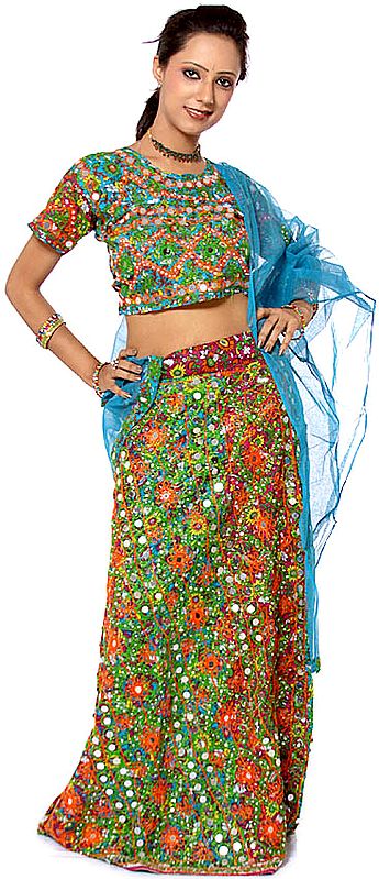 Orange and Green Printed Chaniya Choli from Rajasthan with Mirrors and Embroidery