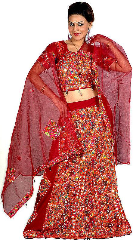 Orange and Maroon Printed Chaniya Choli from Rajasthan with Mirrors and Embroidery