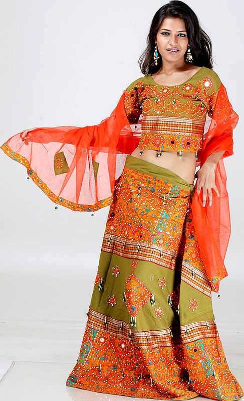 Orange and Olive Chaniya Choli from Rajasthan with Mirrors and Sequins